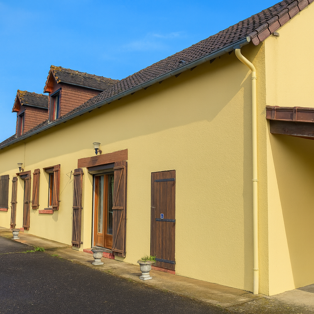 Maison jaune et portes françaises